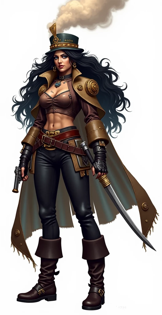 steampunk fanart of an imposing pirate woman, with wavy black hair that falls to her waist and blue eyes. Your skin is sun-kissed and scarred. She wears a large cloak reinforced with metal, adorned with pirate insignia, practical clothes, tall boots, and of course, Her hat,. Besides two pistols and a long sword