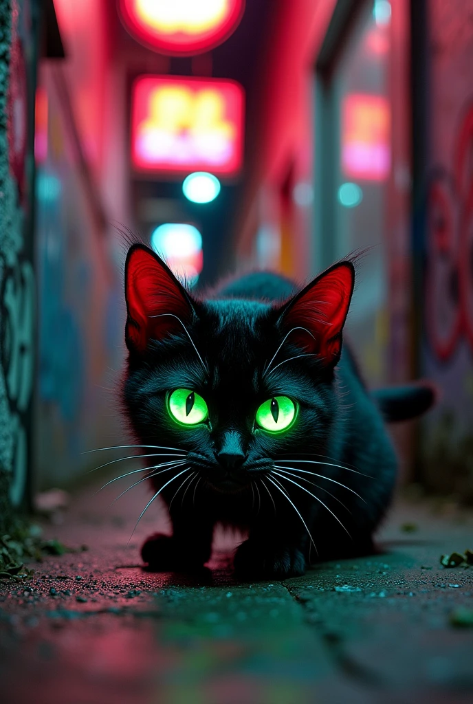 kawaii black and red stray cat spitting acid neon venom in a black alley