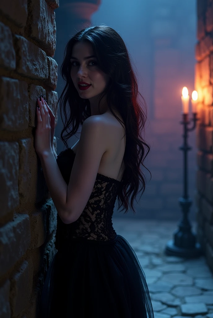 Image Quality:** High-resolution image (4K) to capture fine details.
**Lens Used:** 85mm f/1.4 lens for a stunning bokeh effect.
**Global Lighting:** Dim, atmospheric lighting with a moody blue and purple palette, enhancing the eerie ambiance.
**Theme and Feel:** The theme is “Seductive Darkness,” combining elements of fantasy and eroticism, evoking intrigue and danger.
**Subject Description:** A luscious vampire with pale, flawless skin and deep crimson lips, her long, flowing black hair cascading down her shoulders. She wears a sheer, dark lace corset with intricate patterns that accentuates her curves and a flowing black skirt that adds to her mystique.
**Location Description:** The vampire stands in a shadowy, gothic castle chamber, illuminated by flickering candlelight. Dark stone walls and cobwebs enhance the haunting atmosphere.
**Colors and Textures:** Rich blacks and deep reds dominate, with the soft lace creating a contrast against the rough textures of the stone.
**Emotion:** The image should evoke feelings of danger, seduction, and supernatural allure—capturing the essence of a captivating and powerful being.
**Pose:** The vampire leans against an ornate stone pillar, gazing intensely at the viewer with a sultry smile, revealing a hint of fangs