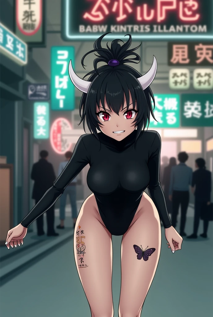 anime mommy with messy black hair tied up, 2 white horns, sexy bodysuit, butterfly tattoo On a thigh  and Japanese letters on  Other thighs, red eyes and perverted face, No sleeves on the shoulders just on the arms 