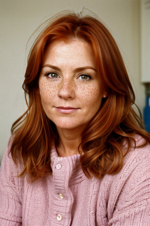 Medium view, of middle aged, 40 year old, mom, gilf, milf, face portrait, chubby, freckles, long ginger hair, 1990s warm clothing, in belfast 