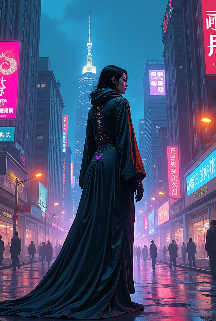 (best quality:1.3), (best performance:1.2), (best illustration:1.2), (Comic style:1.2), (artistic cinematic lighting:1.2) (1woman) wearing futuristic technological Cyberpunk electronic robes, her body is covered by metallic parts, in a cinematic horror movie background in a futuristic Cyberpunk city.
