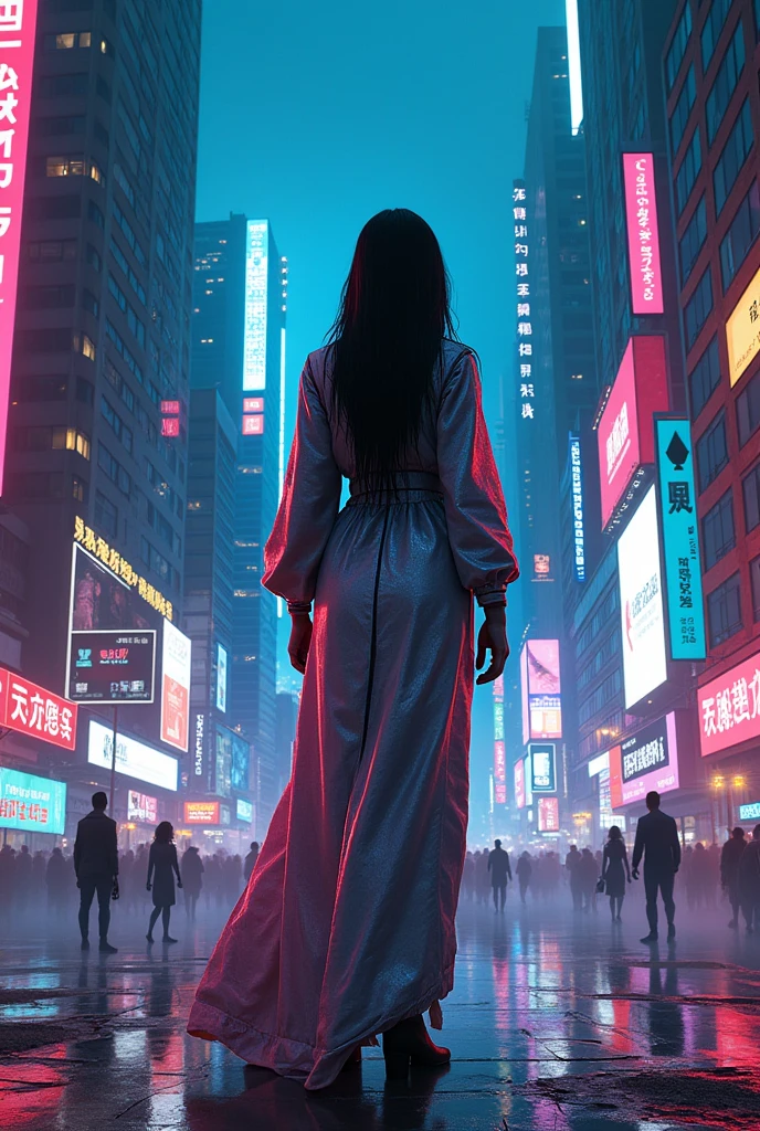 (best quality:1.3), (best performance:1.2), (best illustration:1.2), (Comic style:1.2), (artistic cinematic lighting:1.2) (1woman) wearing futuristic technological Cyberpunk electronic robes, her body is covered by metallic parts, in a cinematic horror movie background in a futuristic Cyberpunk city.
