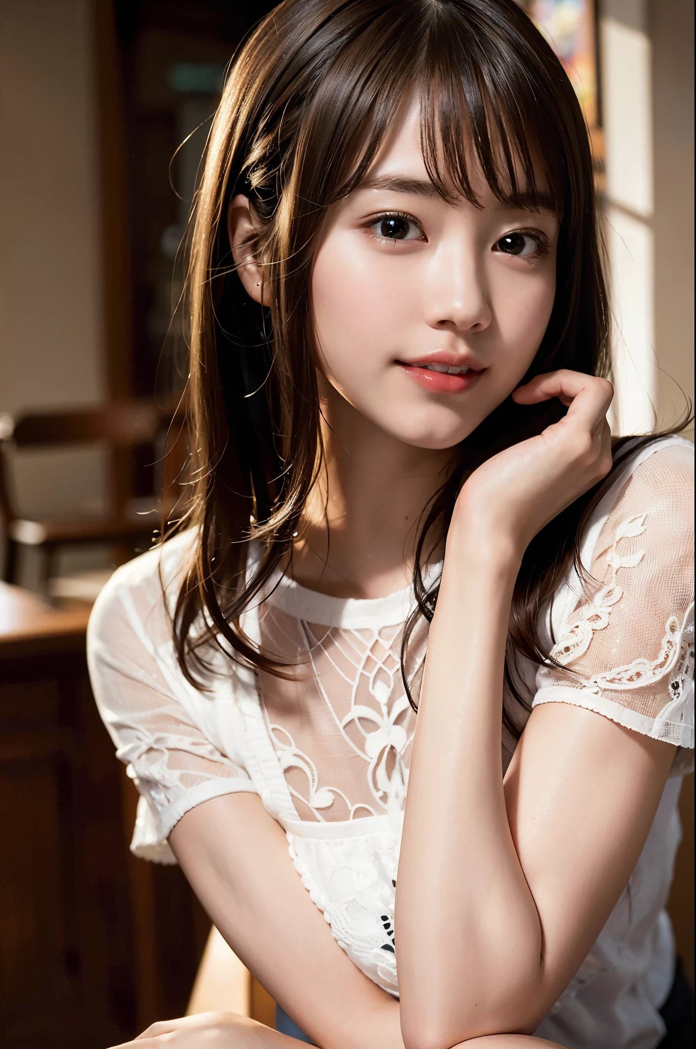 (8k, RAW photo, best quality, masterpiece:1.2), (realistic, photo-realistic:1.37), ultra-detailed, ultra high res,1 girl,looking at viewer,beautiful detailed face,smile,narrow,(slim waist:1.3),shirt, beautiful detailed skin, skin texture, floating hair,professional lighting,