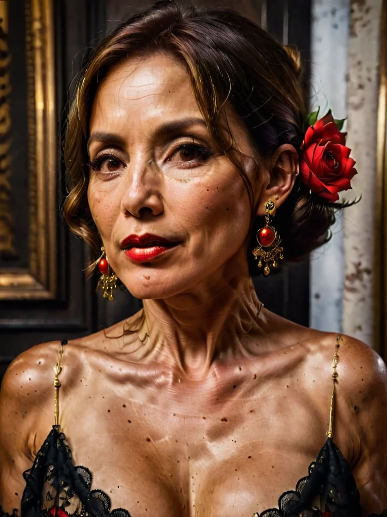 8k, raw photo, fujifilm, Style photo of a beautiful 45 year old woman., square face, a red rose on the neck, wearing a black and red lace dress, golden earrings, strong features like a dove spinning, (very detailed skin: 1.2), medium brown hair with highlights, film grain, 35mm, beautiful style