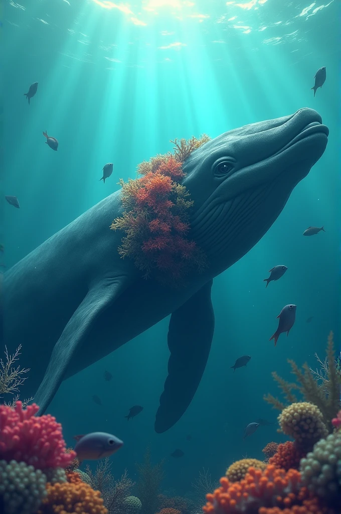 A sad injured whale with coral in its fin, animated photo
