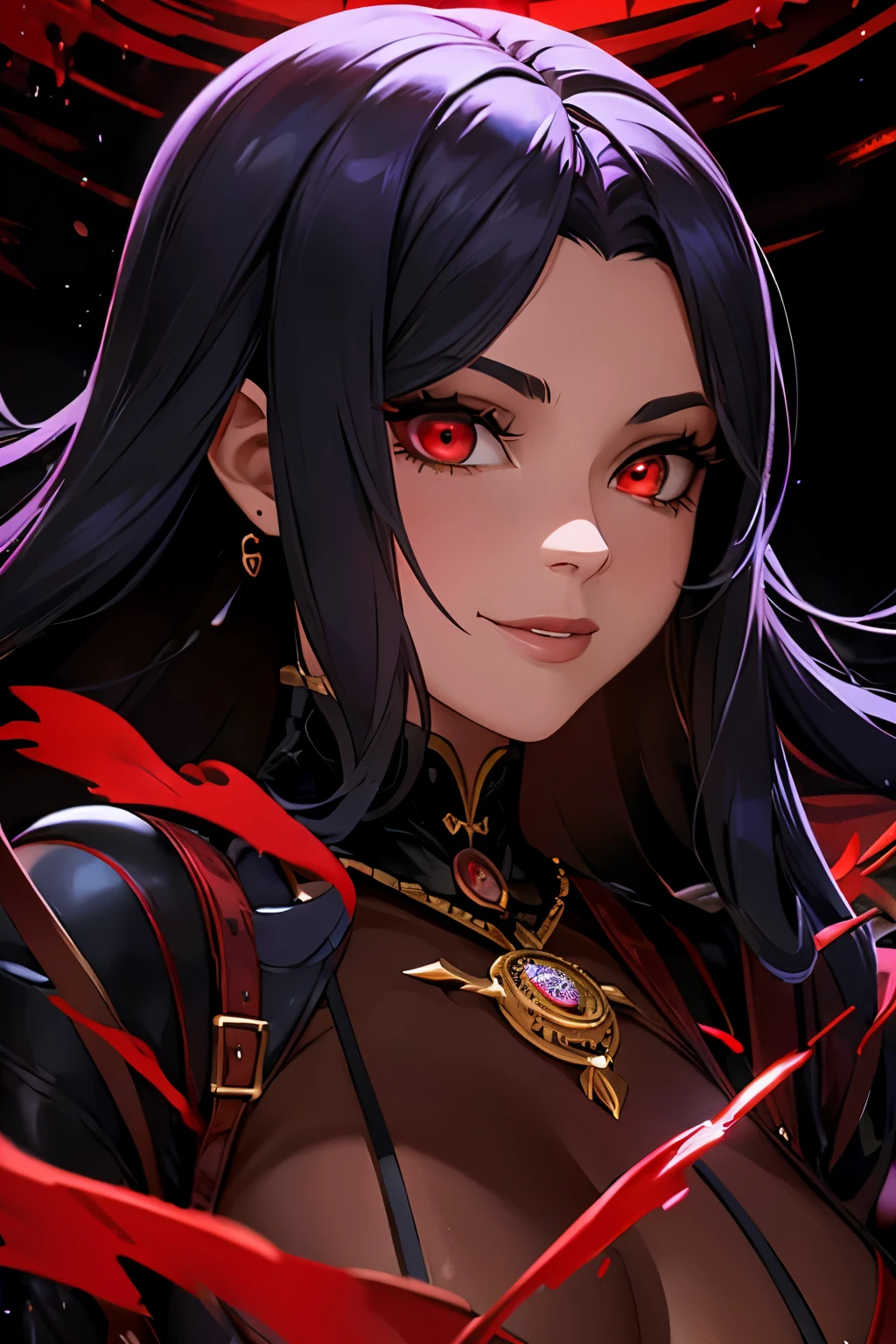 (work of art), (unparalleled quality:1.4), ultra-high resolution, [:velvet textures:0.2], hyper realist, dark fantasy portrait, 1 girl, Victory, grown-up (together:0.7) With a malicious smile, red eyes ruby hypnotic, raven black hair falling in waves, standing alone, face detailed, (cavernous underworld theme:1.1) (demonic asas:1.05), Forbidden temptation personified, fascinate, might, darkness, together mythology symbolism, fire light, sheen, rich reds and purples, symetry, obsidian, cave background foreboding, otherworldly infernal atmosphere
