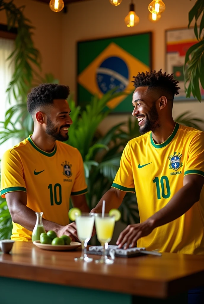I want you to make Neymar Junior with the Brazil jersey Number 10 . preparing some caipirinhas at the living room bar with James Rodríguez