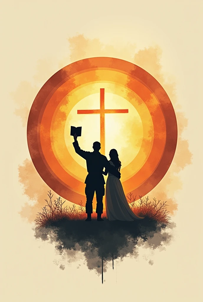 A logo for a church where the church&#39;s purposes are reflected in symbols: adoration, evangelism, discipleship, service and communion

Where there is no presence of the sun symbol and that has 5 concentric circles in the image

Place a soldier with his hands raised in worship with a bible under his arm embraced with his wife and looking at a cross


