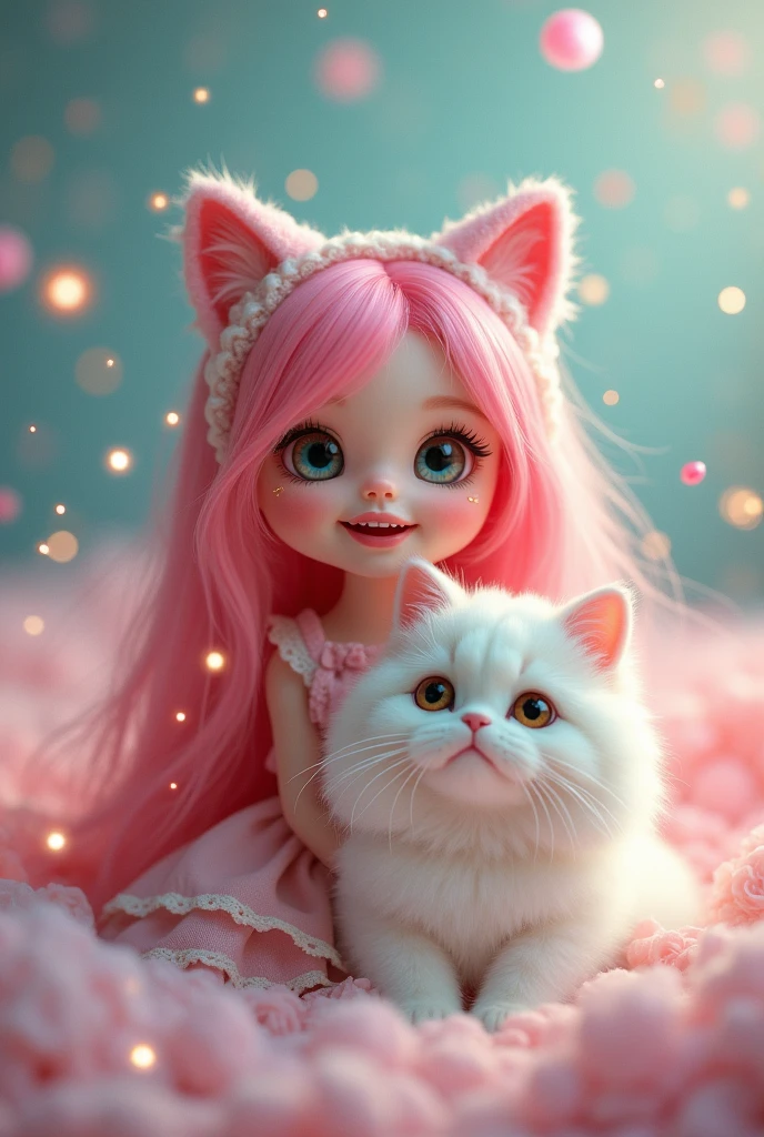  doll using cat ears with pink hair smiling looking to the front with a white cat with a magic background