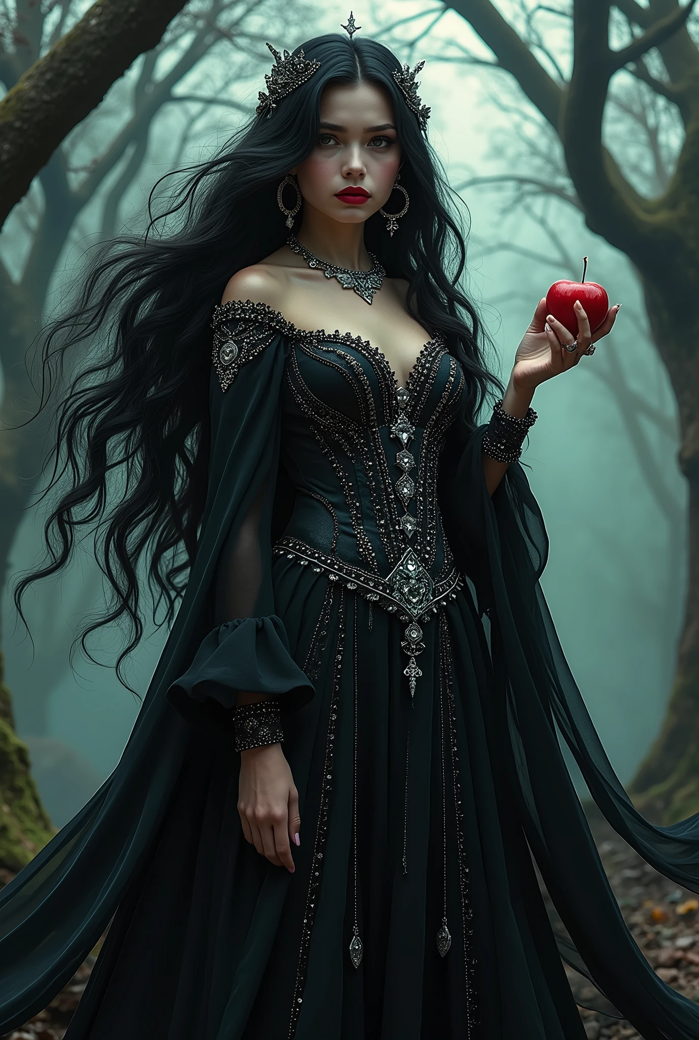 girl,long black hair,black queen,Accessories,Apple in hand,poisoned apples,Queen Witch,red lipstick.