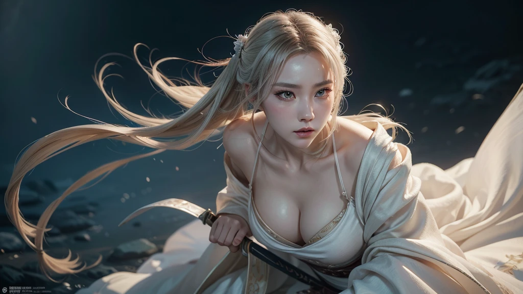a close-up of a woman with a sword in a white dress, a character portrait of Yang J, trends at CGSociety, Fantasyart, beautiful character painting, artwork in the style of guweiz, Guweiz, white hanfu, flowing white robes, full body wuxia, epic and exquisite character art, stunning character art, beautiful female assassin