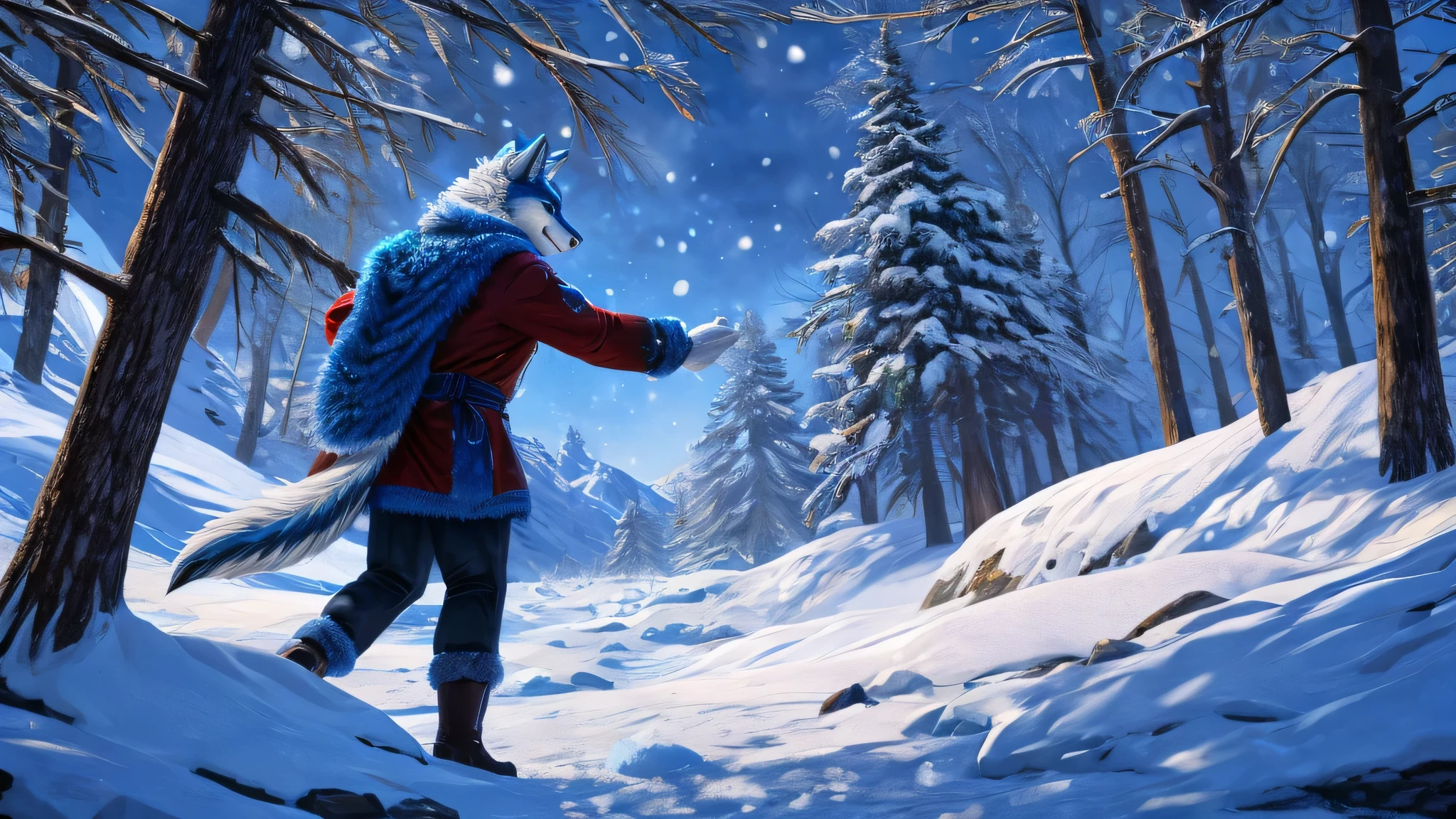 muscular white and blue wolf den, blue detailed eyes, winter clothing, reaching out hands to catch snowflake, flocos de neve, icy plains, snow-covered trees, hyper realist, 4K, best qualityer, ultra detali, photorrealistic, bright coloured, studio lighting, Masterpiece artwork