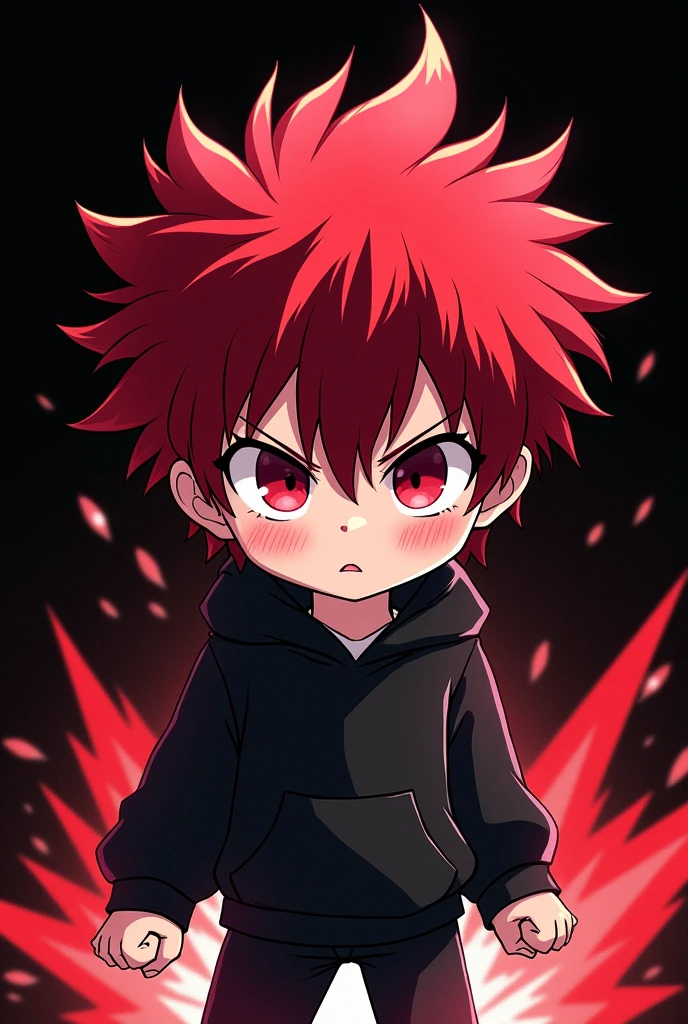 White , black , Blood red colour , black background , Anime boy , Spiky hair , black hoodie , red eyes , narrowed eye , blushed , chibi