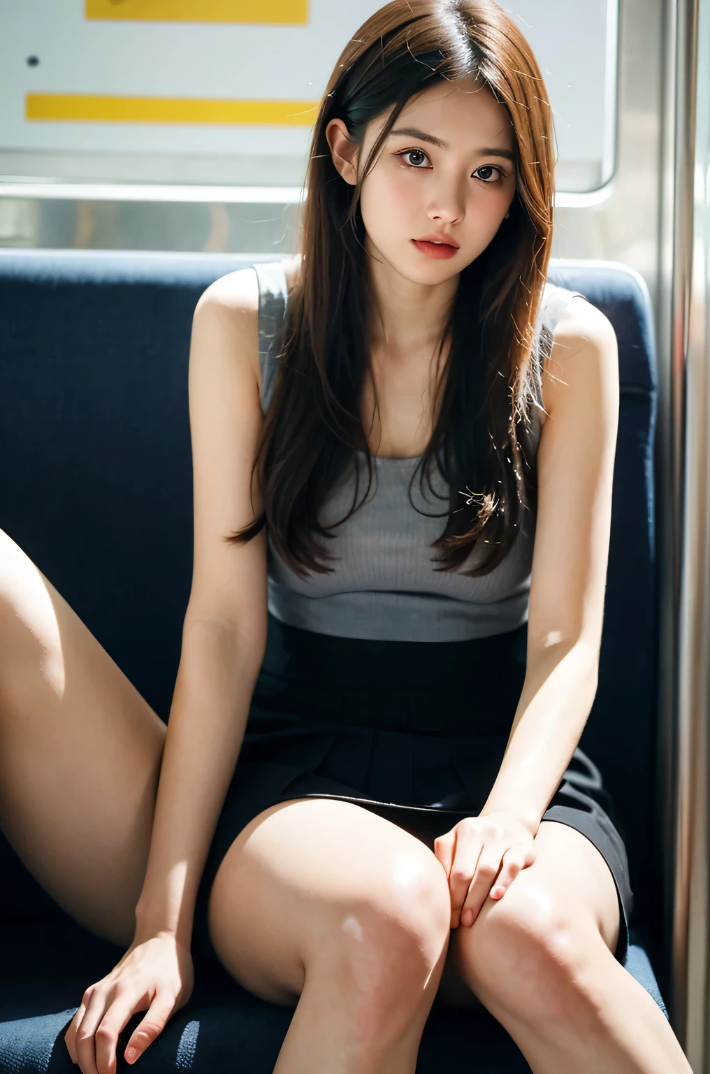(masterpiece, Highest quality, 8k, RAW Photos, beautifully、aesthetic:1.2), Intricate details, indirect lighting, Realistic,
whole body, Sitting on a chair on the train、Staring at the viewers、Voyeur, (Ultra-realistic pantyhose)、
Training women , Chair to sit under skirt,Ultra mini skirt、Gaze,カウボーイショット,