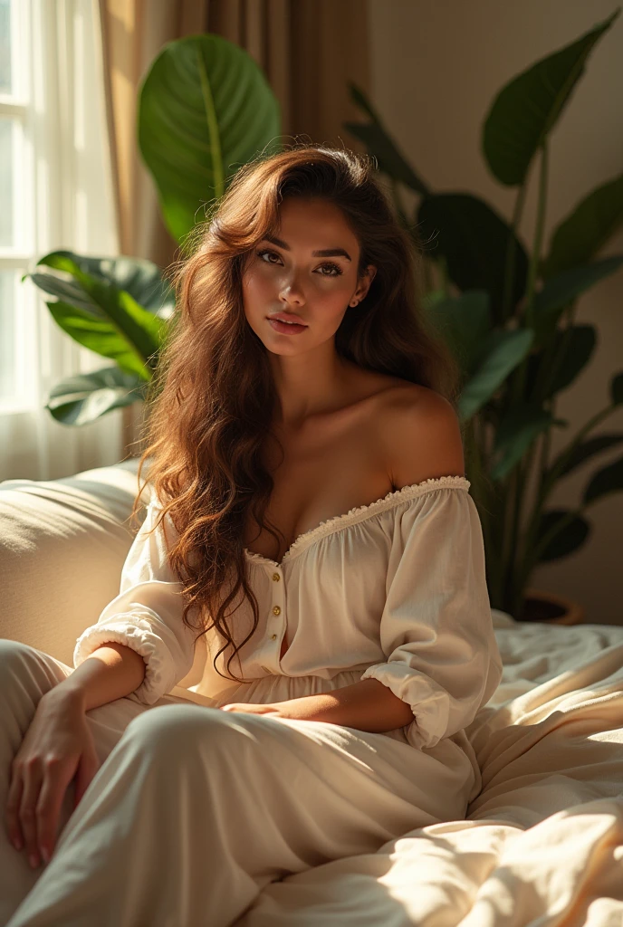 (photorealism:1.2), beautiful woman, sitting on bed, wearing loose off-shoulder top, pajama pants, long curly hair, indoors, soft lighting, plants in background, window with sunlight, cozy room, relaxed pose, realistic, intricate details, warm colors, by Greg Rutkowski, by Alphonse Mucha