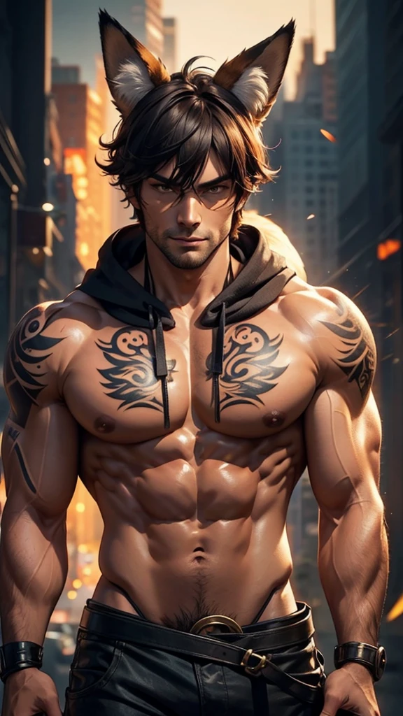 A muscular man, male, handsome detailed face, short hairstyle, humanoid fox costume with ears on head, large breasts, sexy look, looking directly at viewer, tattoos,