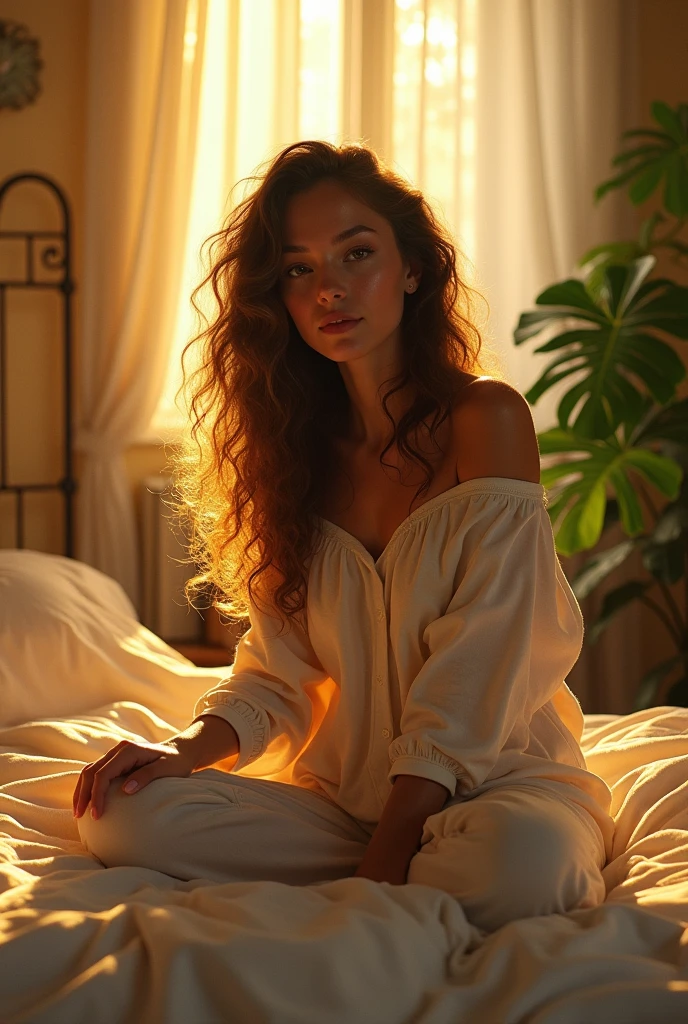 (photorealism:1.2), beautiful woman, sitting on bed, wearing loose off-shoulder top, pajama pants, long curly hair, indoors, soft lighting, plants in background, window with sunlight, cozy room, relaxed pose, realistic, intricate details, warm colors, by Greg Rutkowski, by Alphonse Mucha