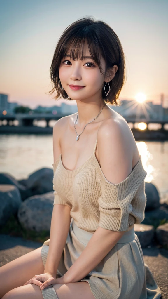 (highest quality,masterpiece:1.3,ultra high resolution),(Super detailed,caustics,8K),(realistic:1.4,RAW shooting),18-year-old,cute,Japanese,Short brown hair with outward curls,(Beige summer knitwear),(smile),look up at the camera、(Short brown skirt),blue sky,sun,Backlight,(coastline),(sunset、sunset:1.1),,(Photographed from the waist up),(face focus),(close up face),(High Situation:1.3),(high angle:1.3),Natural light 、照れたsmile、parted bangs、big breasts、With small earrings、silver necklace、((big breasts))