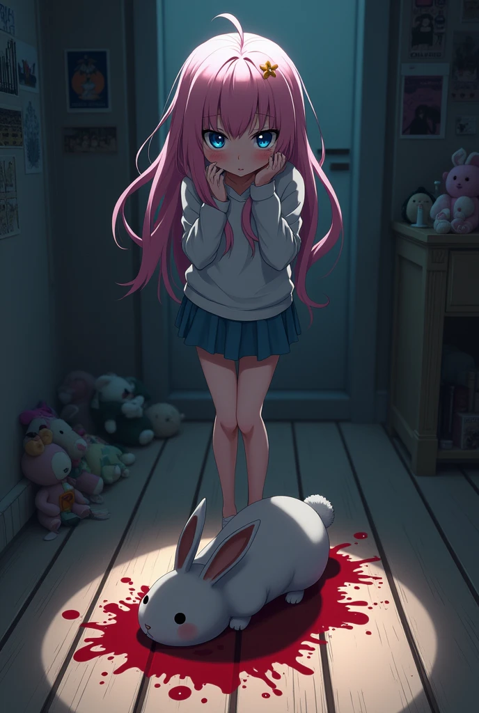 An anime girl with a rabbit on the floor, she's stepping on its head in her room with blood on the floor. She has a disgusted expression and the rabbit is dead. Her hair is pink and her eyes are blue. The rabbit is injured. She is 18 years old and has long hair.