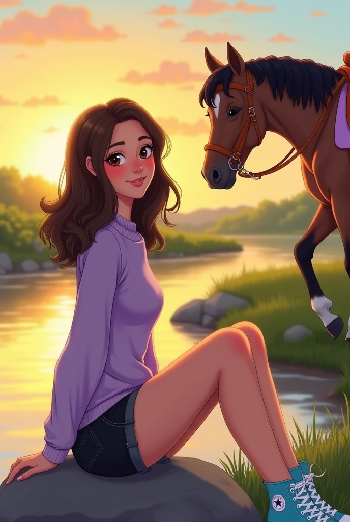 A teenage girl, medium-length wavy brown hair, a nose pointing to the sky, des paumettes rougies, des yeux marrons qui est assise de profile sur une pierre au bord d'une riviere. She has wide hips, wearing a short lilac-colored sweater, un short en jean noir, sky blue and white high top shoes. She is looking to the left, donc on la voit de profil. Background, il y a le lever du soleil. As well as a horse grazing in the grass behind. The horse has a brown saddle on its back, the saddle blanket is lilac and a simple rope around its neck. He has nothing on his head. Il a une tache en forme de coeur sur la croupe. Il est marron clair et à les crins noirs. Her mane is long. On les voit d'assez loin.
C'est un dessin simple, a wallpaper