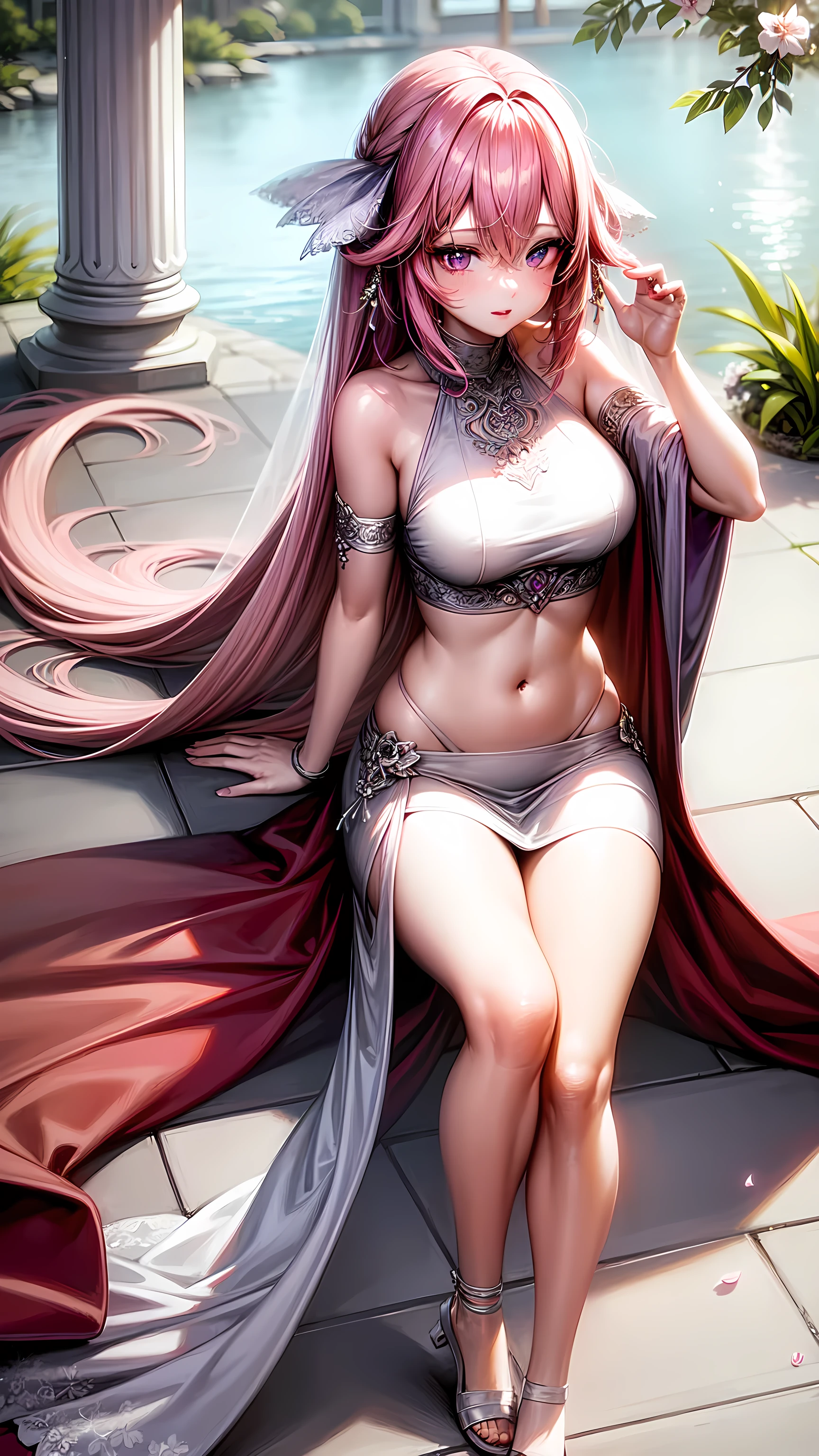purple eyes,Wedding dress,long skirt,crop top,pink hair
