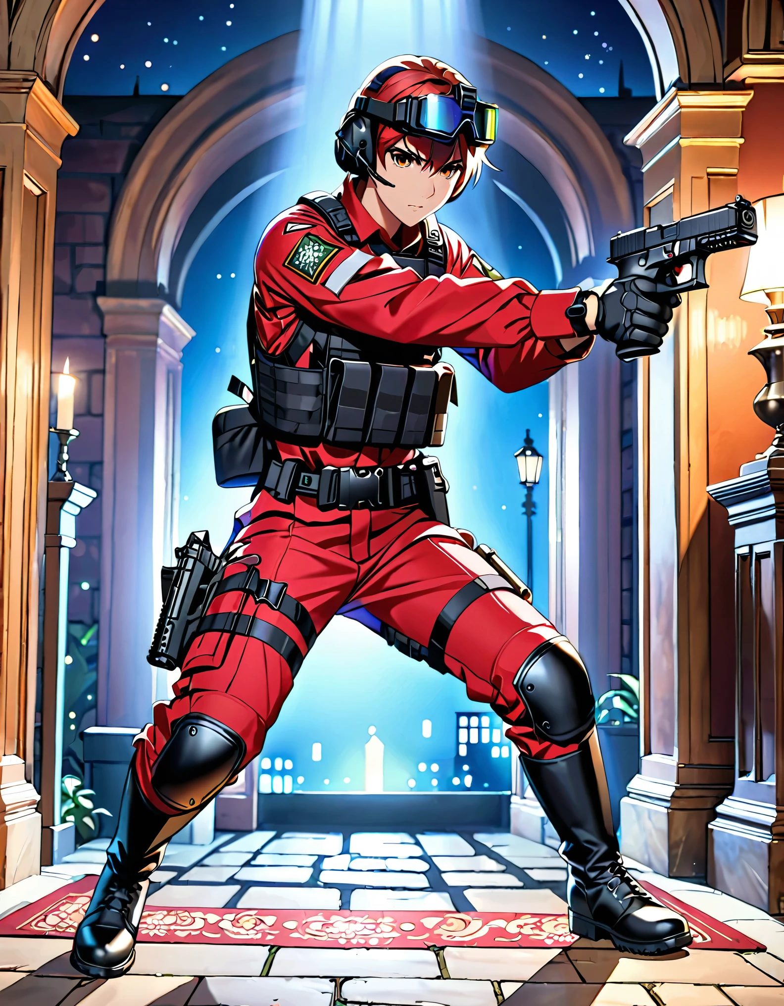 (best quality), (masterpiece), (highres), 1male, male focus, solo, solo focus, (male focus), red swat uniform, black gloves, night vision goggles on forehead. (belt, drop-down pistol holster), black boots, knee boots, cinematic lighting, holding pistol, glock 17, suppressor, dark mansion, nighttime, tactical sneaking stance, indoors, looking away.