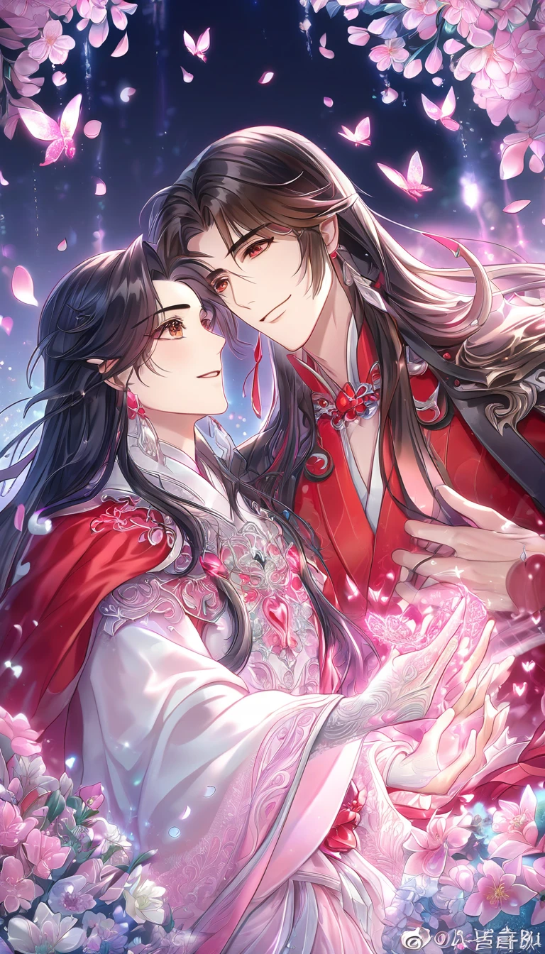 absurdres, highres, ultra detailed, HDR, master piece, Xie Lian, brown hair, long hair, expressive brown eyes, white clothes, Hua Cheng, black hair, long hair, expressive red eyes, red clothes, Heaven Official's Blessing, fantasy, glittering pink butterflies, petals, magical, two sexy men together, handsome, gay couple, yaoi, very detailed eyes and face, glittering, pink flowers, pink shining fireflies, pink fire, crystal glass magic, sensual, pink rain, in love, smiling