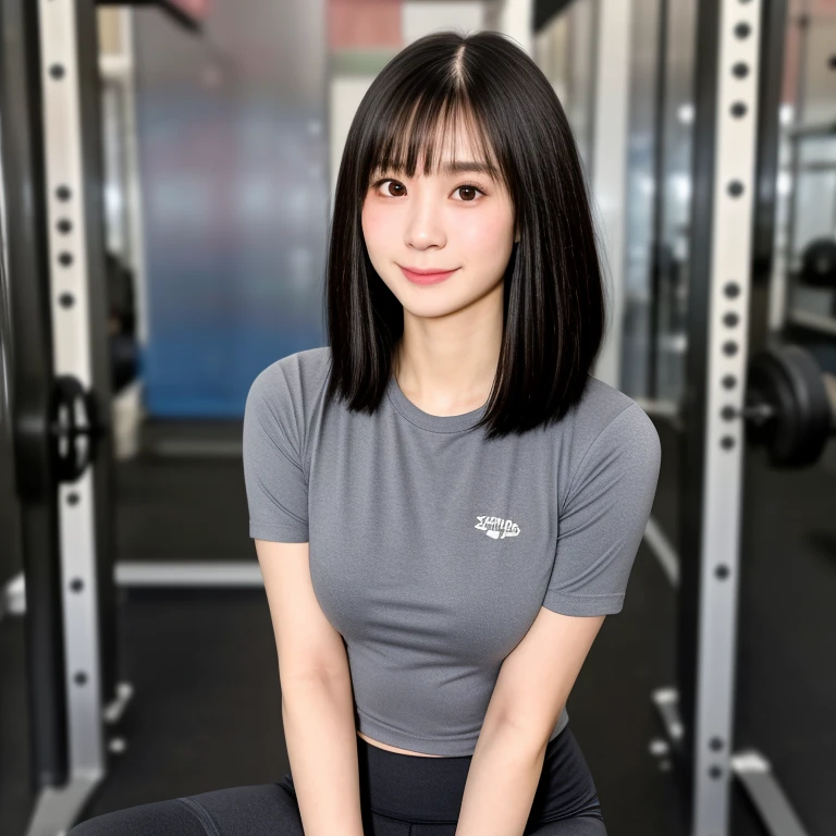 (kawaii 24 year-old Japanese girl, Nogizaka idol, Korean idol), healthy female athlete body, (glossy black hair, short hair, pixie cut, bangs:1.3), (rounded face, pure black eyes, single eyelid, no makeup, soft smile:1.2), (wearing training shirt, grey sports leggings:1.3), extra small breasts, well shaped hip, (slim waist, thigh gap:0.9), BREAK, (sports gym background:1.3), (looking at viewer, bust shot:1.2), view from side, BREAK, (masterpiece, best quality, photo realistic, official art:1.4), (UHD, 8K quality wallpaper, high resolution, raw photo, golden ratio:1.3), (shiny skin), professional lighting, physically based rendering, award winning, (highly detailed skin, extremely detailed face and eyes, anatomically correct body), Carl Zeiss 85 mm F/1.4, depth of field, 1girl, solo,