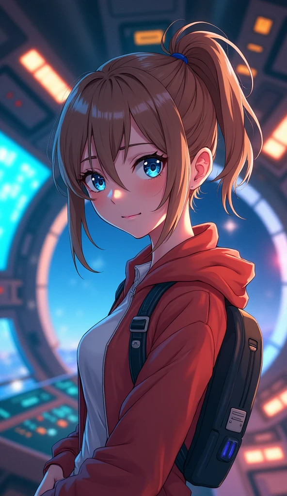 29 years old
Physical Traits:** women , of medium height, about 1.65 m. He has light brown hair, which he usually wears pulled back in a messy ponytail. His eyes are a bright blue, reflecting his intense curiosity. His build is thin, , He has a small scar above his right eyebrow, In a spaceship , anime