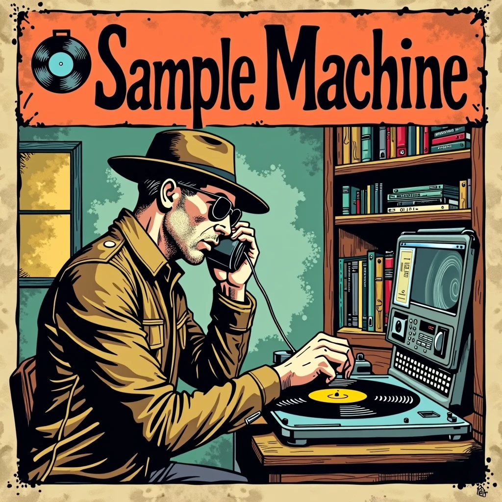 an album cover in the aesthetic of an old comic book, with a detective listening to music looking for vinyl records, with the title "Sample Machine"