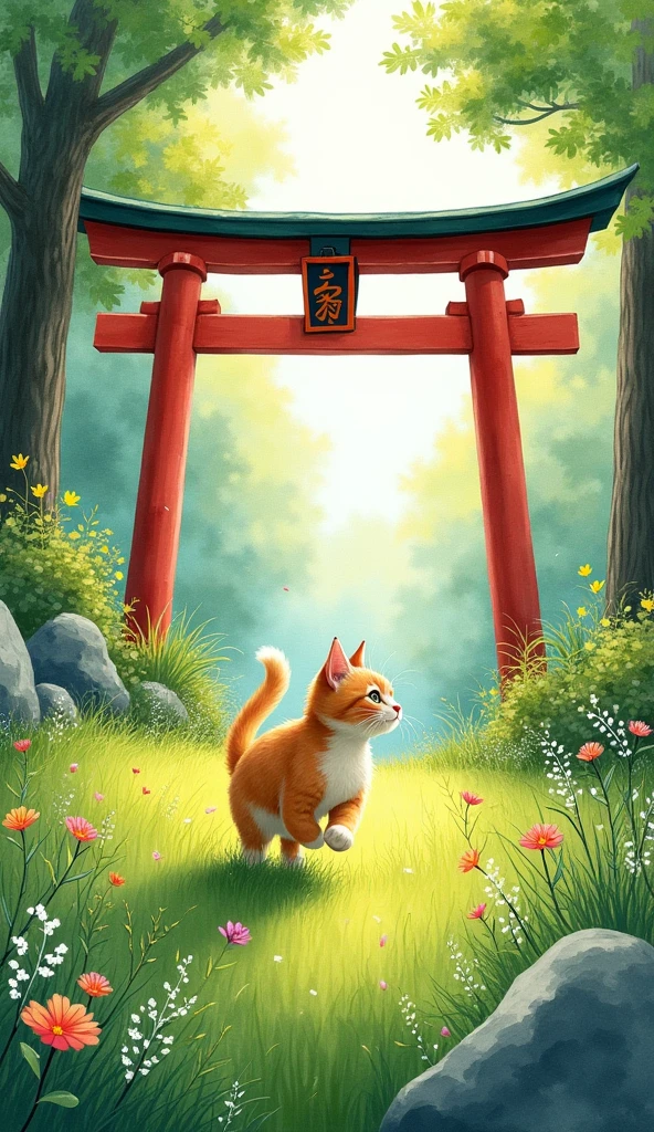 torii,No humans,Cat,Outdoor,stage,plant,Grass,flower,wood,watercolor \(Moderate\),