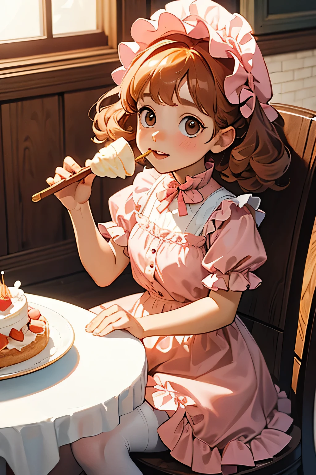 Adorable baby girl with light brown eyes, curly orange hair, wearing a frilly pink bonnet, frilly pink dress, wearing a frilly white diaper, wearing white stockings, sitting at a dinner table, happily eating cake