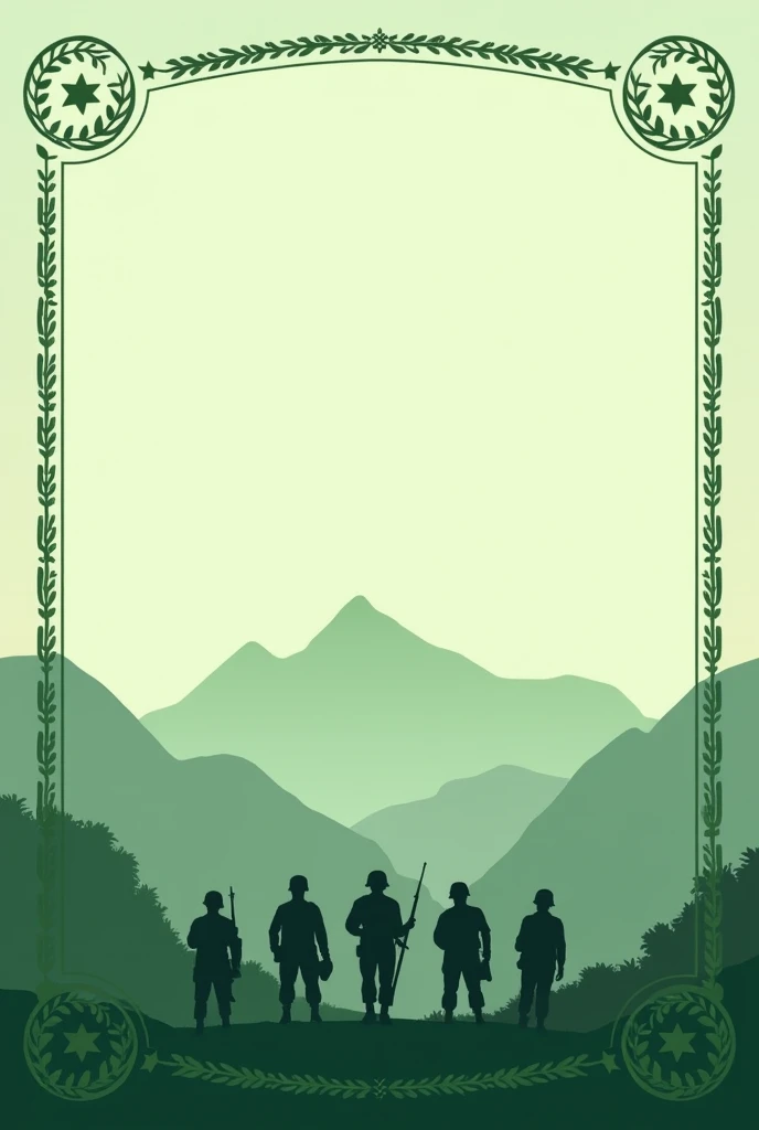 Please design your own photo to honor the first, second, and third prizes.. On the subject of student military, The main color is green., Soldier, hills and mountains. We are going to the military for a month., and organize a contest, then I need you to design a certificate photo for me.
Keep it simple, just like the illustration, but not in detail, To make a certificate
Just do it like Canva