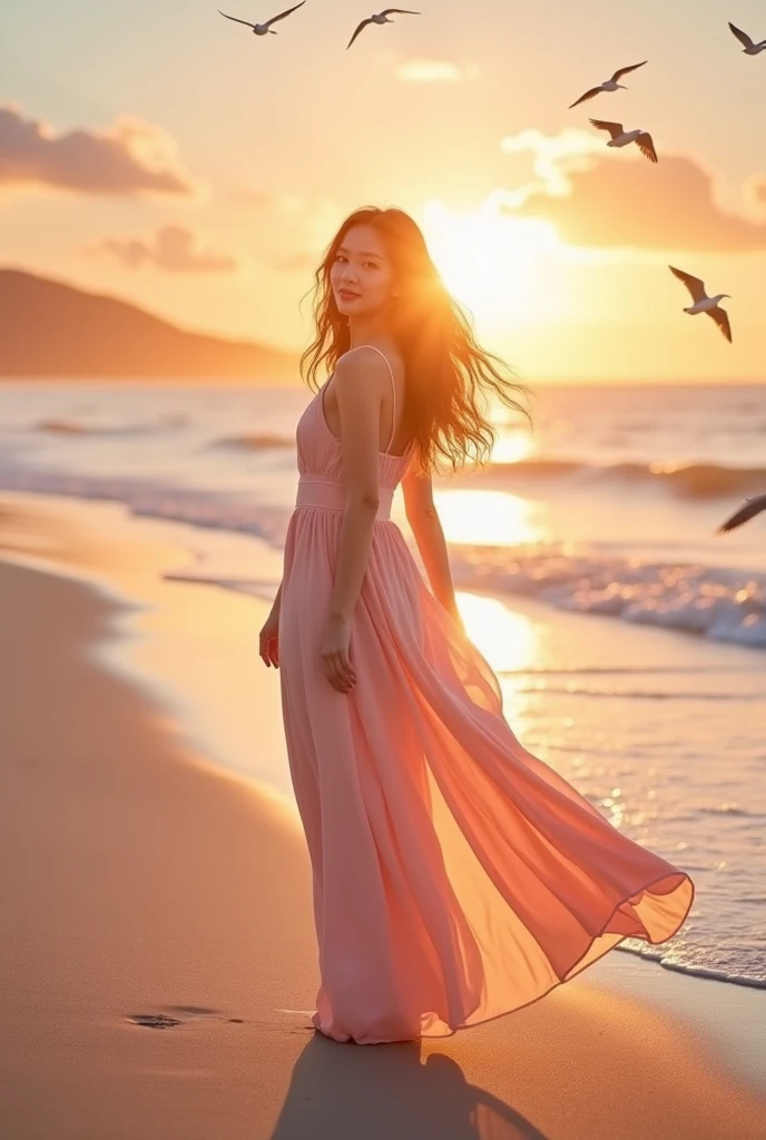 gold hair,Korean womanidol,beautiful,nineteen,beach,