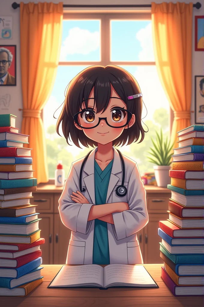 A girl dreaming to become doctor with stethescope and books spectacles anime 