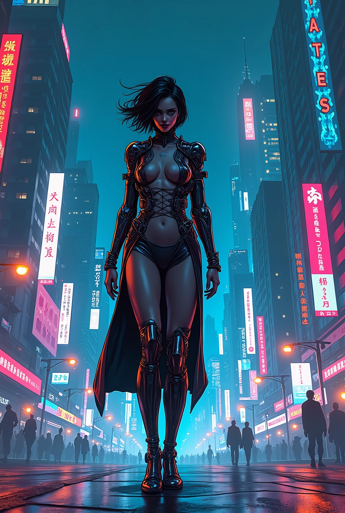 (best quality:1.3), (best performance:1.2), (best illustration:1.2), (Comic style:1.2), (artistic cinematic lighting:1.2) (1woman) wearing futuristic technological Cyberpunk electronic robes, her body is covered by metallic parts, in a cinematic horror movie background in a futuristic Cyberpunk city.
