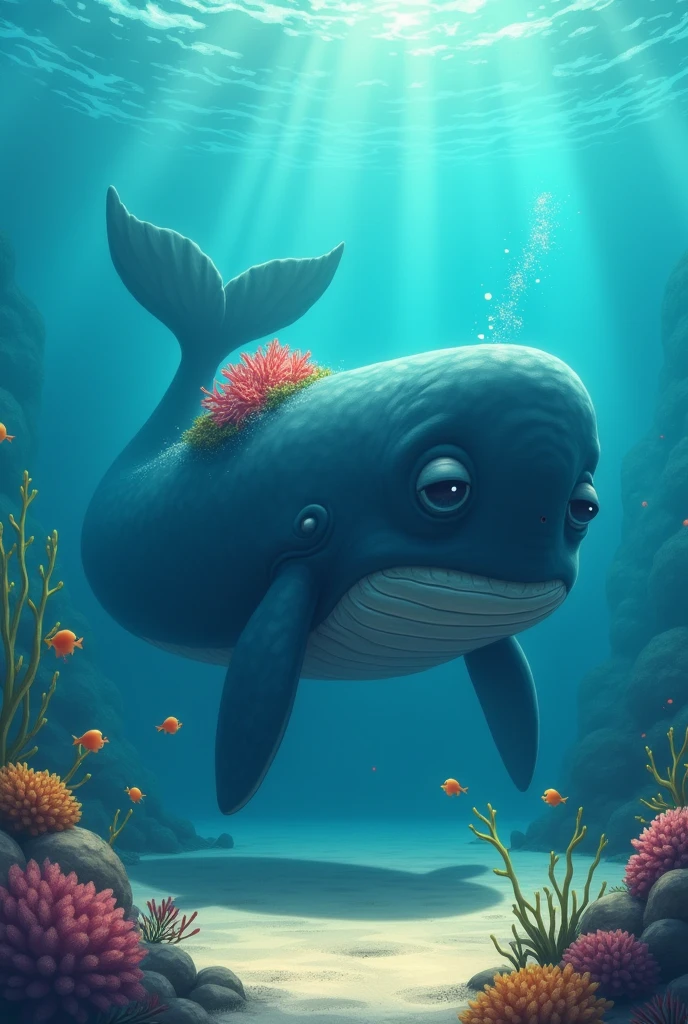 A sad injured whale with coral in its fin, animated photo