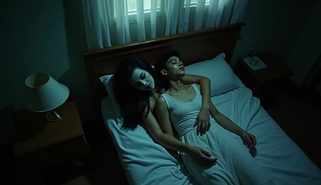 wide top shot, shot from above ceiling fan. dark room, only a light from the table lamp source. a moon light spill from the window. they is a young malay man sleeping on his bed. beside her, lying a creepy looking woman, eerie, long black hair. pale face, zombie face, wearing white slubby dirty torn cloth. she is hugging him creepy. cinematic shots. horror film still. masterpiece, hyper realistic.