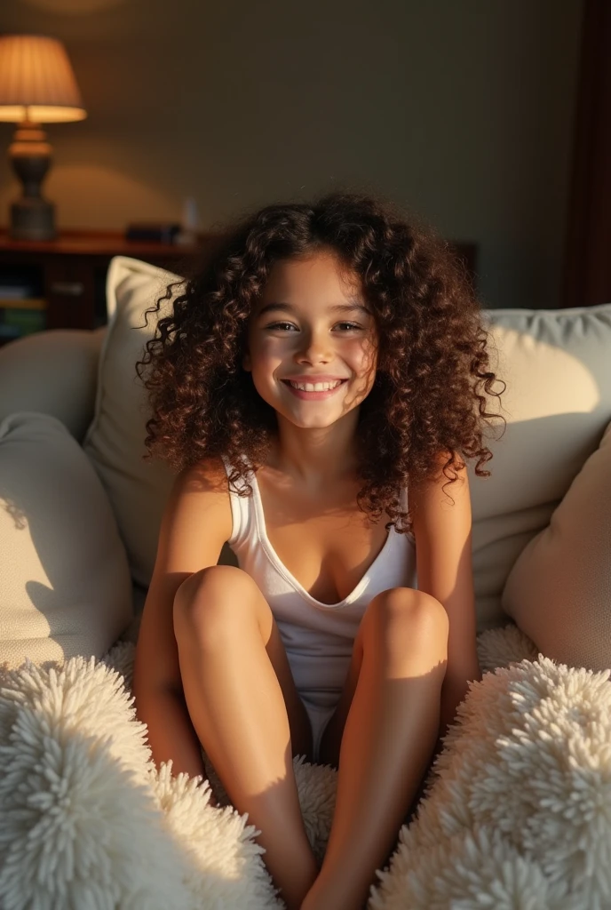 A brunette girl with curly hair and big breasts sits with her legs stretched out, taking a realistic photo