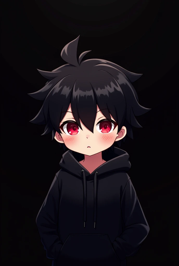 black background , Anime boy , black Spiky hair , black hoodie , red eyes , narrowed eye , blushed , chibi