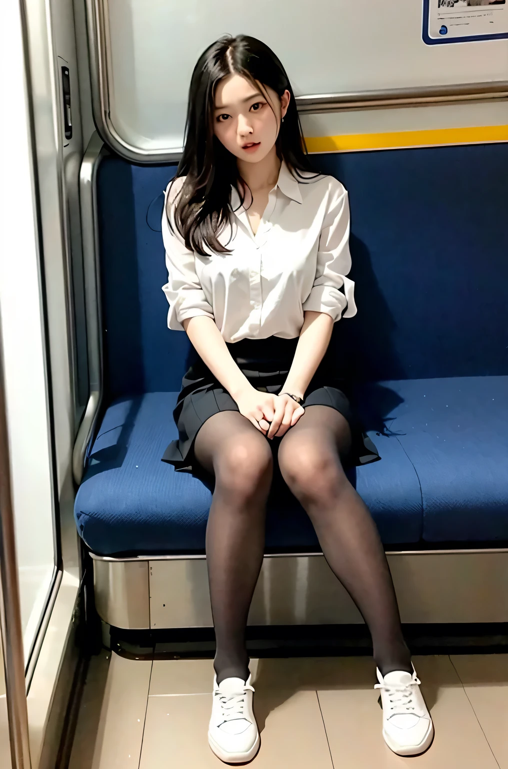 (masterpiece, Highest quality, 8k, RAW Photos, beautifully、aesthetic:1.2), Intricate details, indirect lighting, Realistic,
whole body, Sitting on a chair on the train、Staring at the viewers、Voyeur、
Square neck on-down linen sundress, (Ultra-realistic pant)、
Training women , Chair to sit under skirt,Ultra mini skirt、Gaze,カウボーイショット, ミディアムボムヘア、