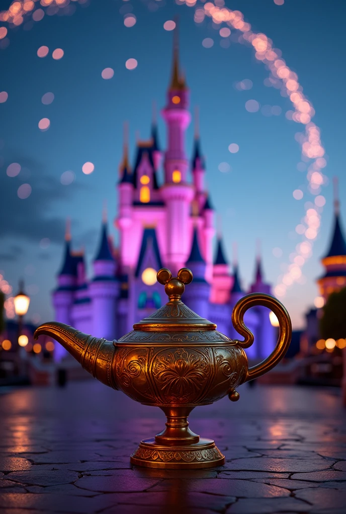the disney castle with a very large background. with Mickey's head shape outline on the front. and in front, as main item, Aladdin's lamp being displayed in large size. With some points of light and brightness around the scene indicating magic.