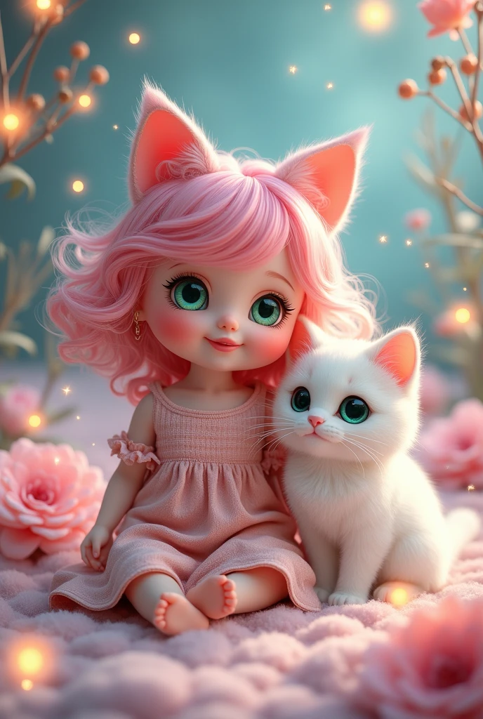 Little doll using cat ears with pink hair smiling looking to the front with a white cat with a magic background