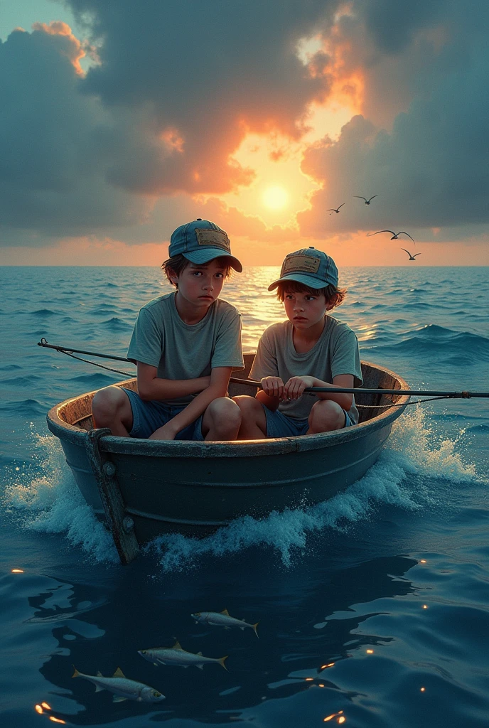Two teenage boys fishing, lost and alone at sea