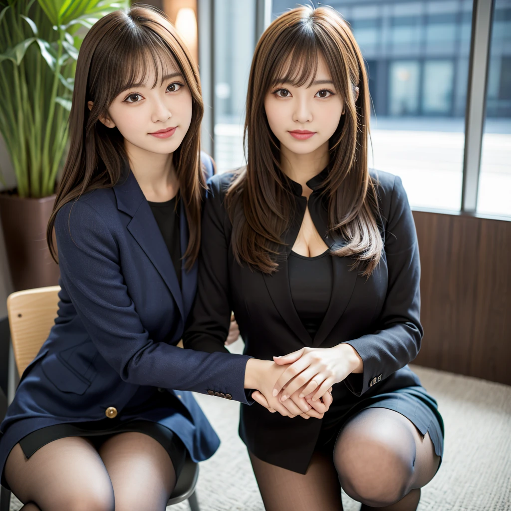(Tabletop), (Highest quality), Realistic, Photorealistic, Japanese Idol、Gravure idol pose、Age 25、expensive, Glamour、side、One woman, pantyhose, Brown Hair, squat, Droopy eyes、Brown eyes, skirt, View your viewers, 白のミニskirt, officeレディー、outside、Jacket, office, My hair is messy, shirt, Diagonal bangs, 白のshirt, Hair between the eyes, put your hand on your face, suit, formal, smile, Put your hand on your cheek, Beautiful girl ,In 8K, Ultra-high resolution,RAW Photos,