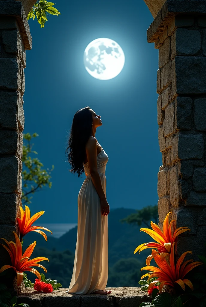 A Brazilian woman in a tower, I only see the moon , Well lit photo with flowers next to her, 