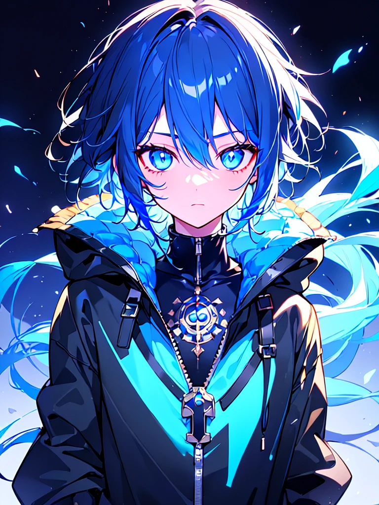 [(BLACK BACKGROUND:1.5),::5], ((((masterpiece)))), high quality, ultra very high resolution, full color, (((solo))), ((little boy)), BLACK short hair, ((Blue streaked hair)), (oriental deepblue eyes), anime, ((upper body)), Summer clothes, neon light, black parka, glaring