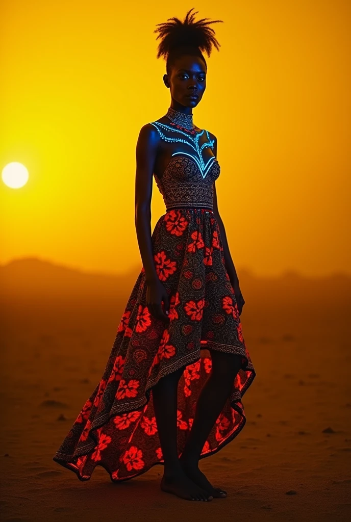 Black woman dressed in African designed clothes with neon lit glowing red and blue tattoos, standing in an empty place with tattoos lighting the scene, a yellow fog atmosphere in the scene, dim lit scene with only the tattoos shining in the scene, providing an atmospheric cinematic colour grading, 32k, 