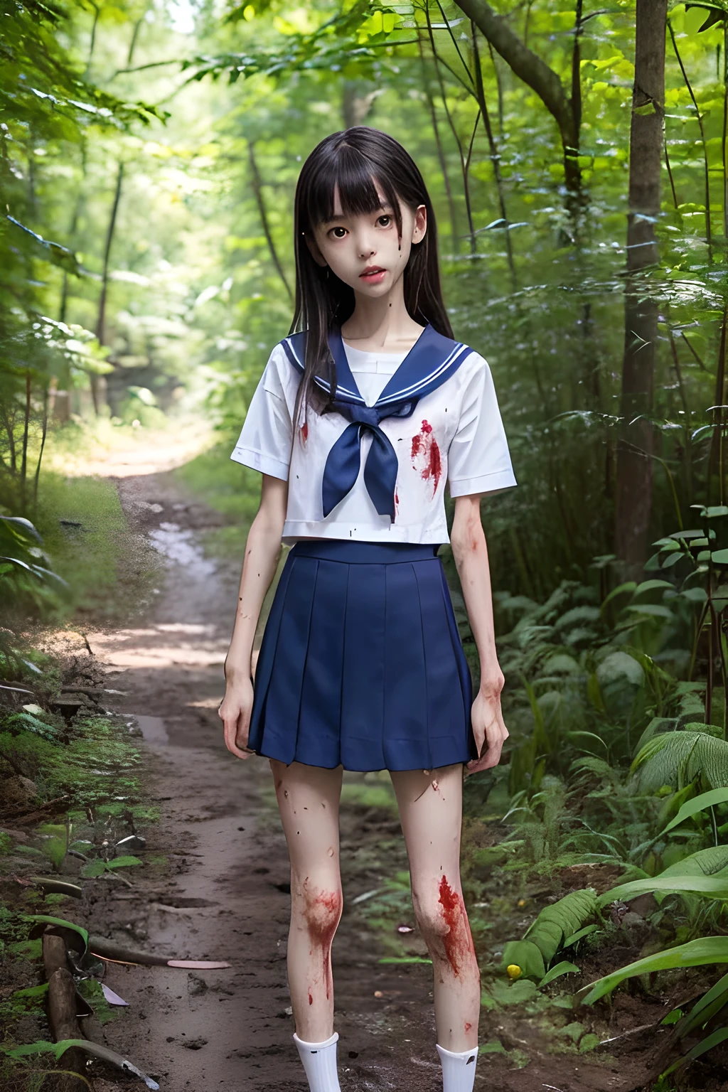 (8K、RAW Photos、highest quality、masterpiece:1.2), (Realistic、Photorealistic:1.2), (High resolution skin:1.1), Beautiful young girl,japanese, 11 years old,small breasts,(Slender girl:1.4),(Thin legs:1.5),dark blue mini skirt,sailor suit, (White high socks), Short sleeve,sneakers, whole body,forest,standing,(muddy),(wounds,bloody legs:1.3)